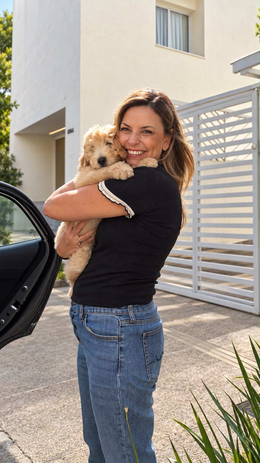 Mulher abraçando um filhote na chegada ao novo lar