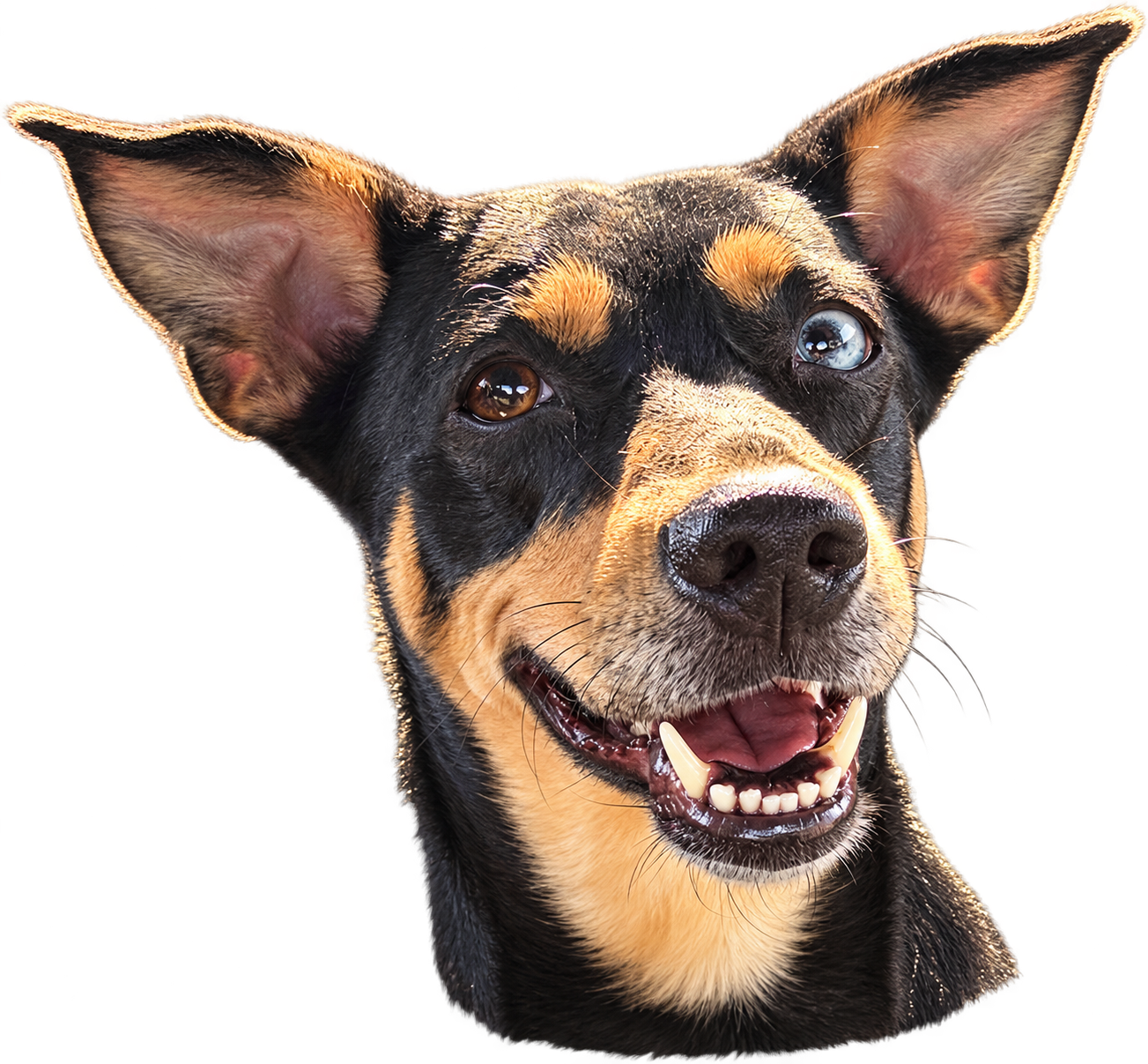 Cachorro de orelhas erguidas, com um olho castanho e outro azul