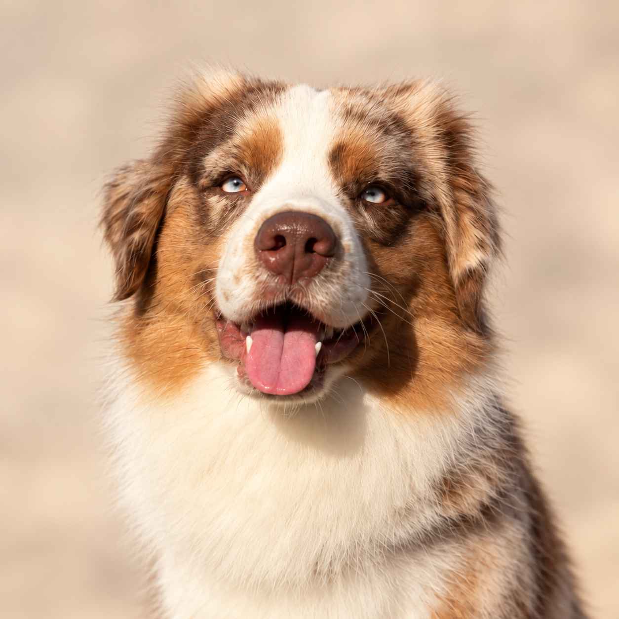 Cachorro de pelagem marrom e branca e olhos claros sobre fundo bege